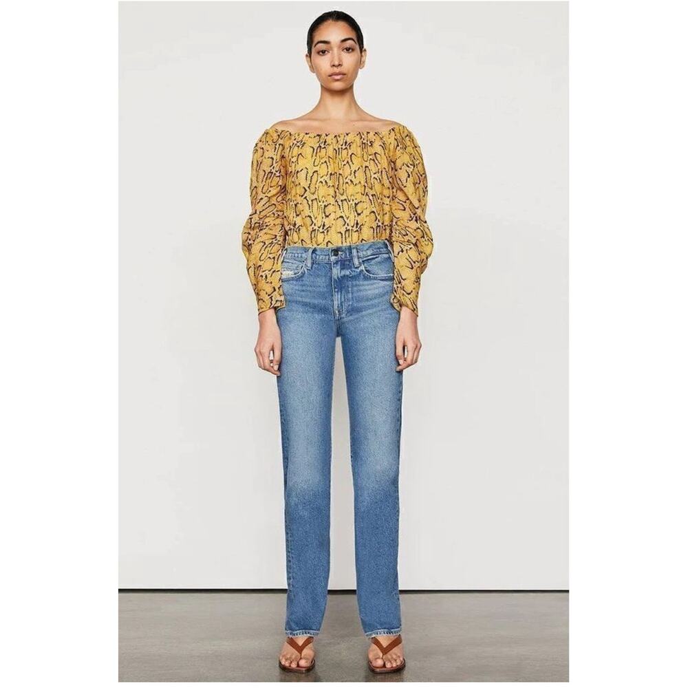 FRAME Off-The-Shoulder Billow Top XS | Yellow Black Python Print Blouse